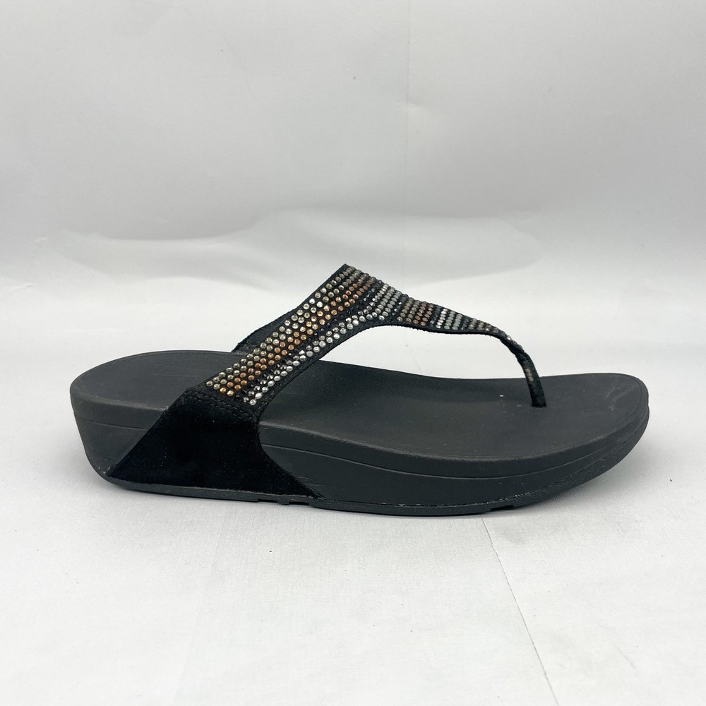 FitFlop Womens 8 Strobe Rhinestone Sandals Shoe Black Thong Wedge SlipOn Comfort